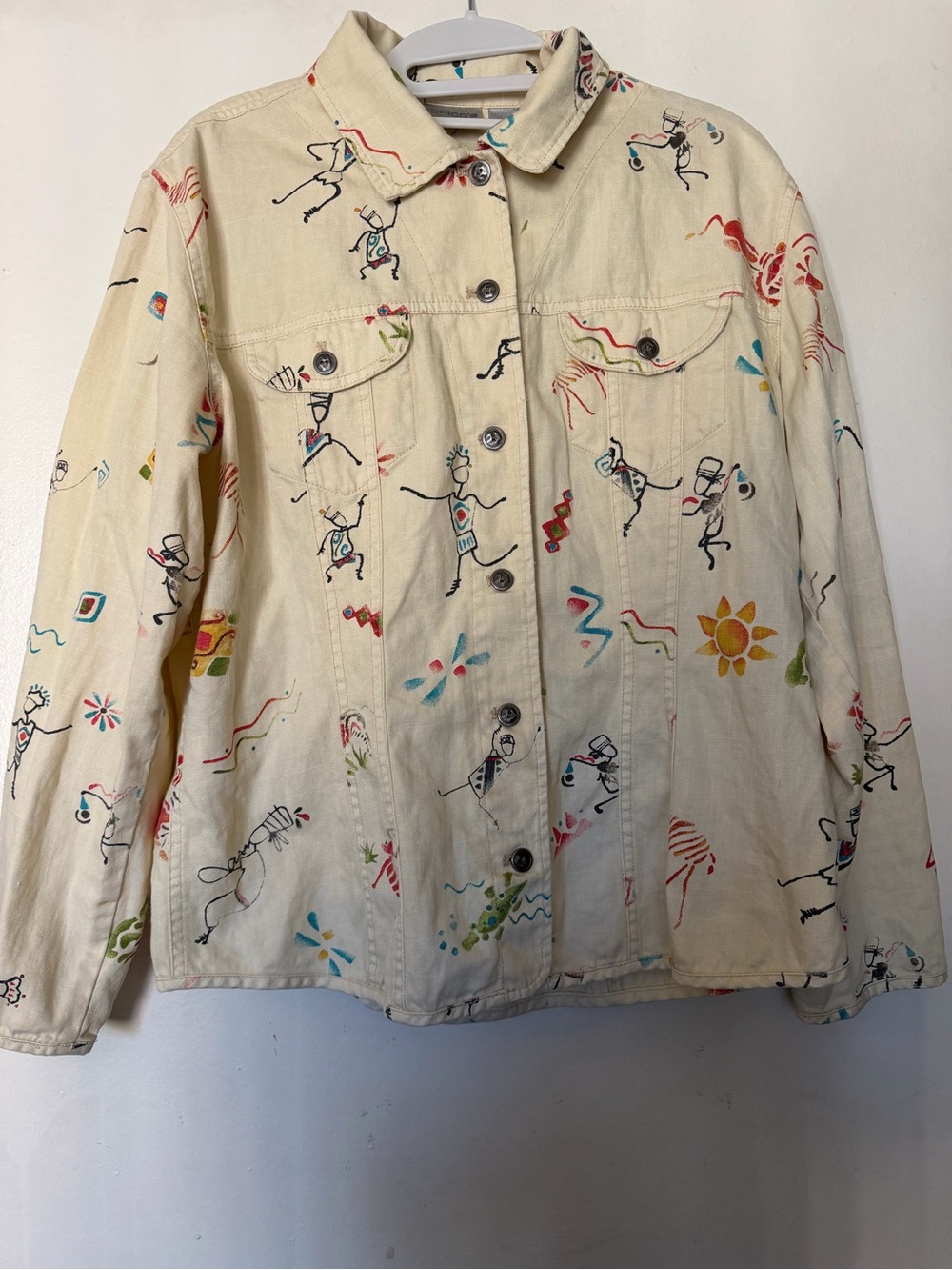 Chico’s Linen Blend Abstract Print Jacket Size 2 Art To Wear Button Front